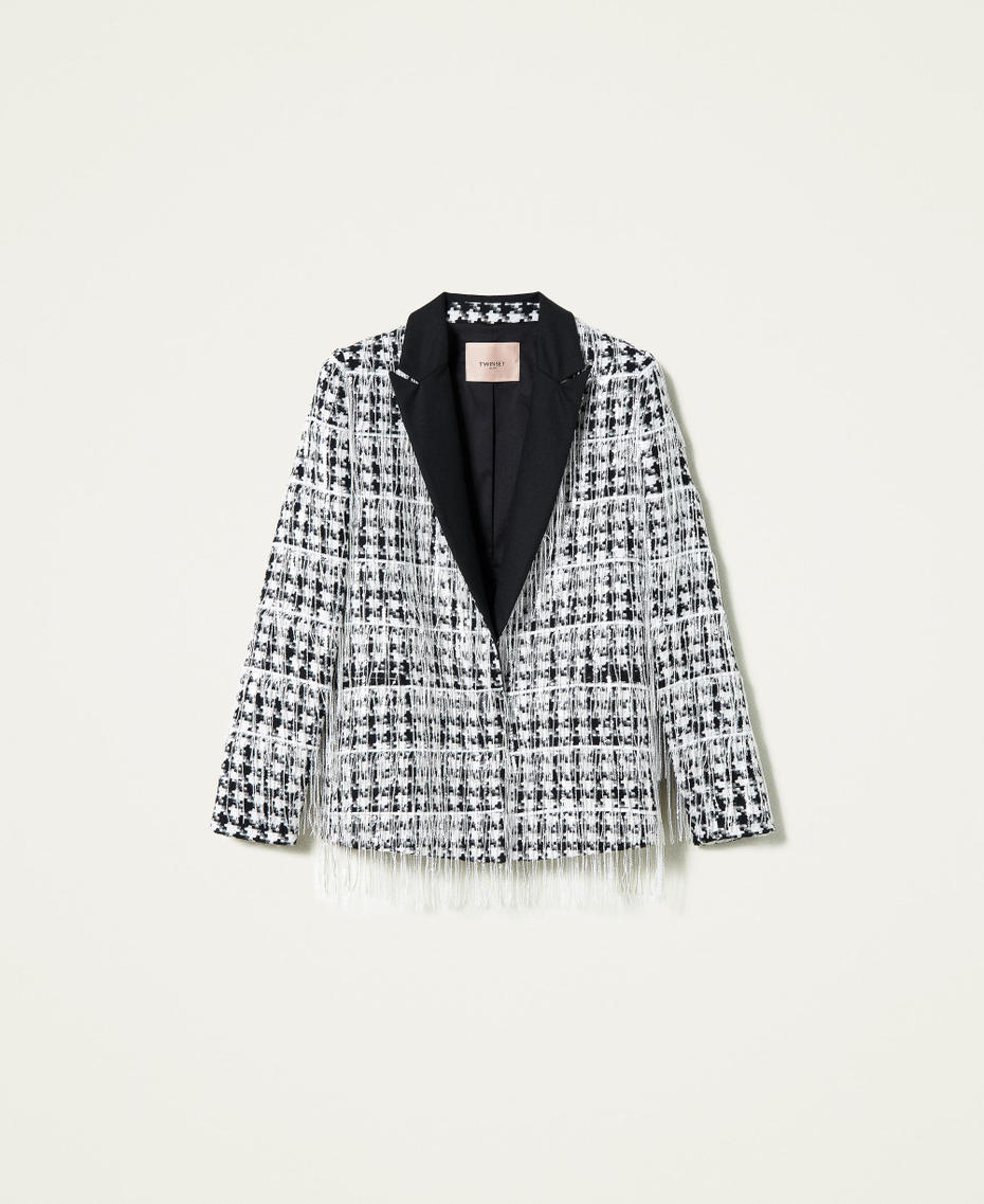 Blazer with sequin fringes &ldquo;Snow&rdquo; White / Black Large Houndstooth Woman 212TP2260-0S