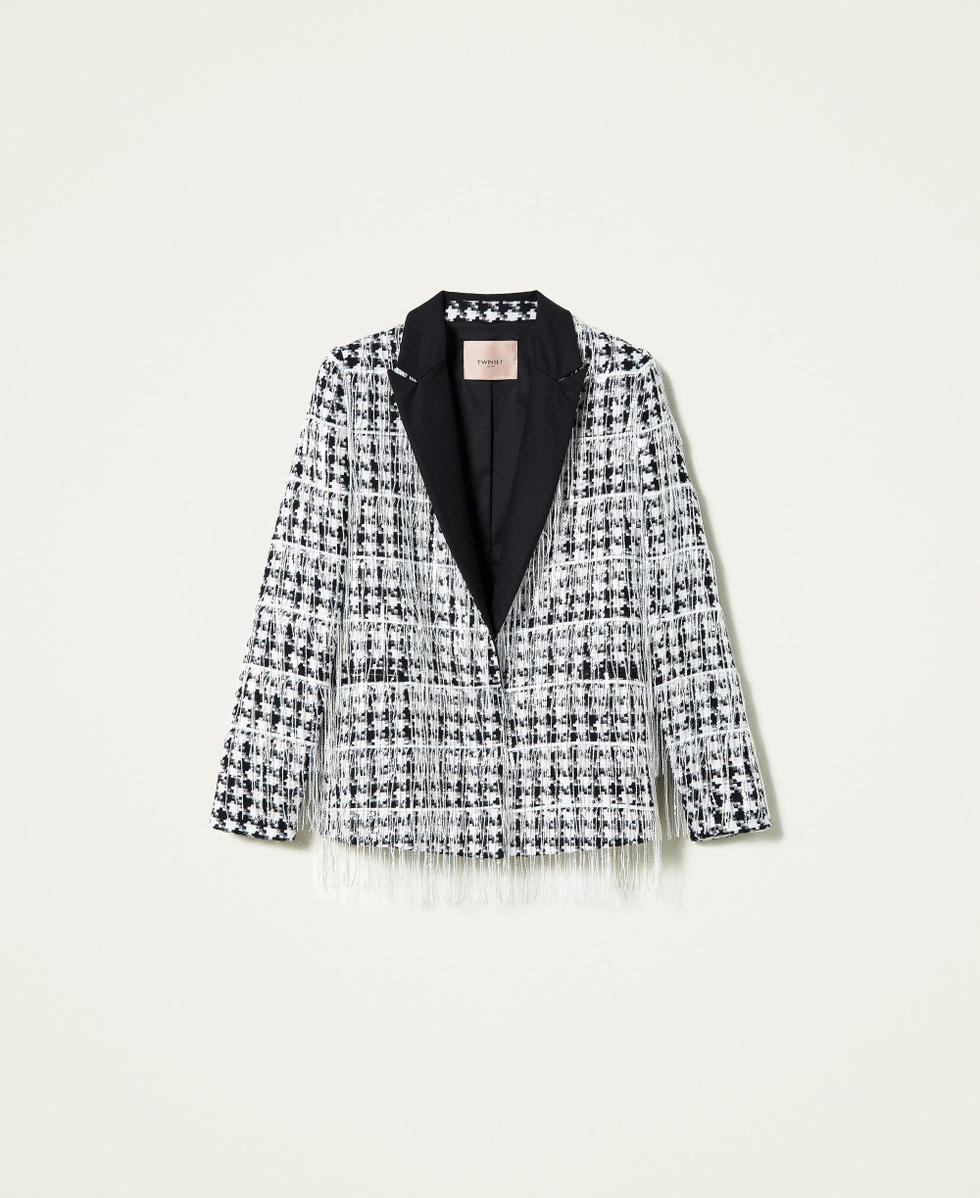 Blazer with sequin fringes &ldquo;Snow&rdquo; White / Black Large Houndstooth Woman 212TP2260-0S