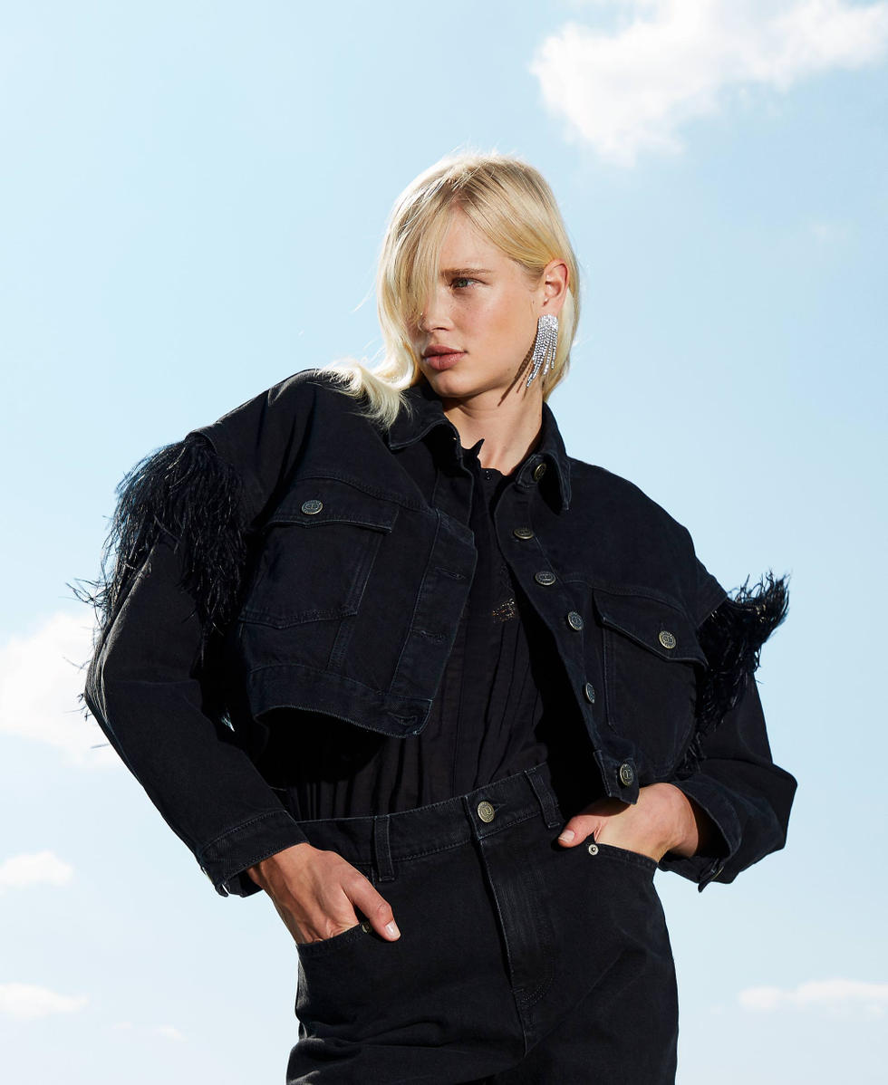 Denim jacket with feathers Woman, Blue | TWINSET Milano