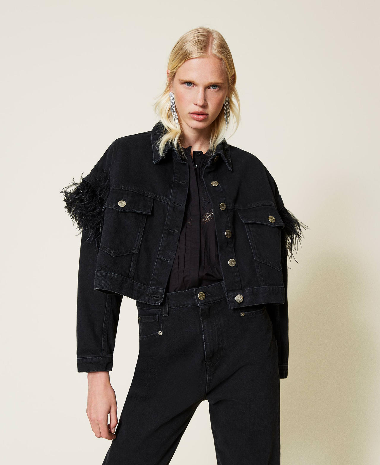 Giacca in jeans con piume Donna, Blu TWINSET Milano