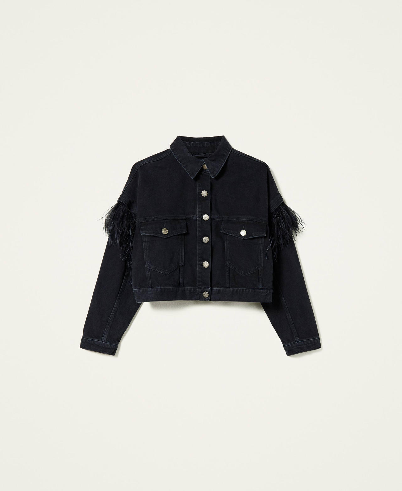 Giacca in jeans con piume Denim Nero Donna 212TP232A-0S