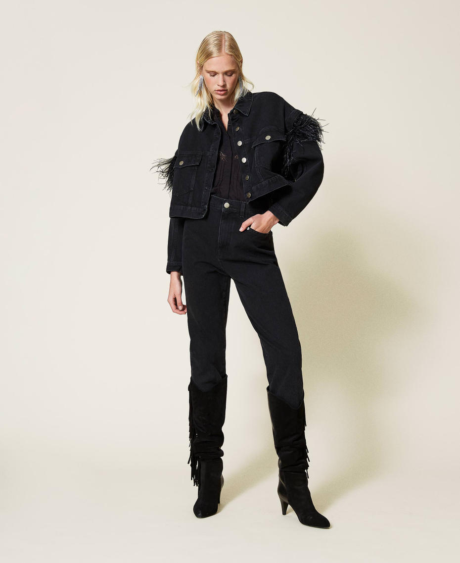 Giacca in jeans con piume Donna, Blu TWINSET Milano