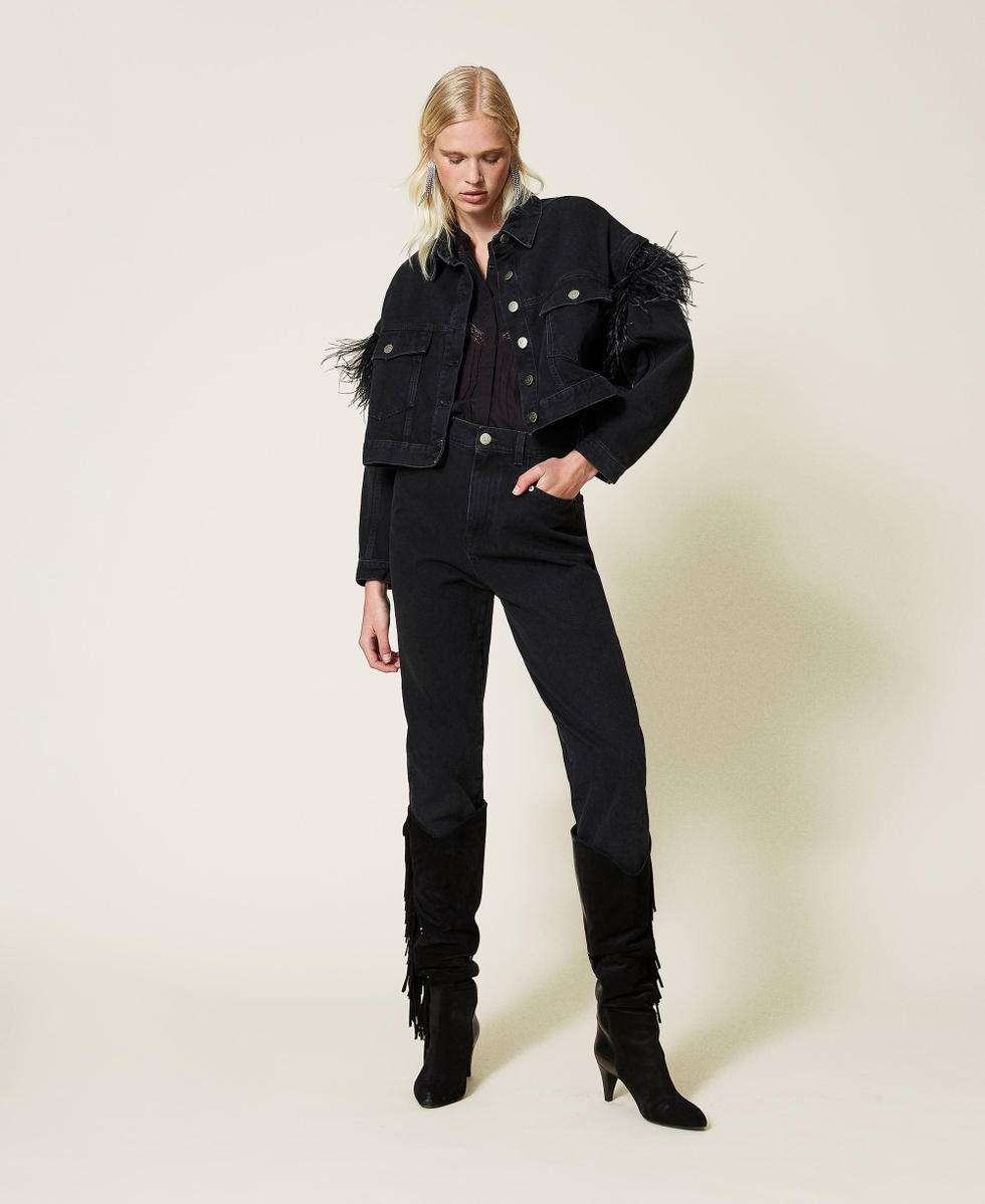 Black jumpsuit and denim hot sale jacket