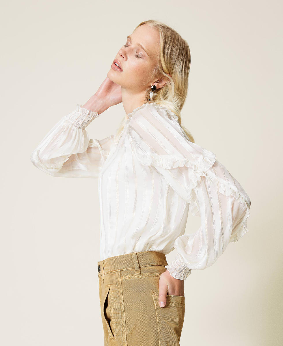 Jacquard silk chiffon blouse Woman, White | TWINSET Milano Jacquard silk chiffon blouse Woman, White | TWINSET Milano