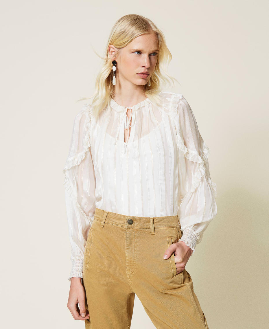 Jacquard silk chiffon blouse &ldquo;Snow&rdquo; White / Gold Stripe Woman 212TP2481-03