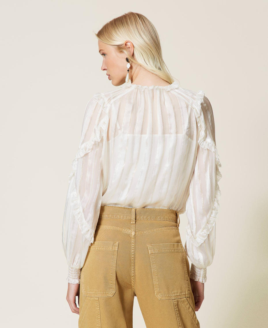 Jacquard silk chiffon blouse &ldquo;Snow&rdquo; White / Gold Stripe Woman 212TP2481-04