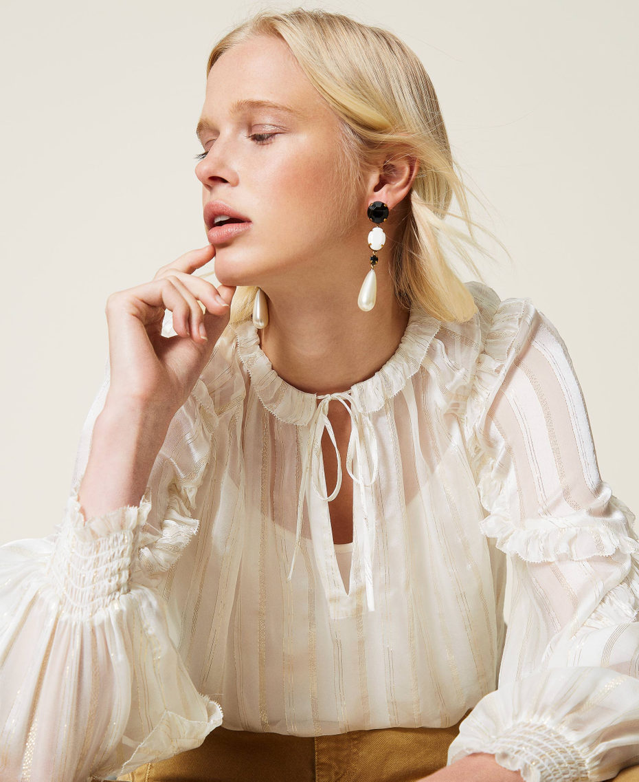 Jacquard silk chiffon blouse “Snow” White / Gold Stripe Woman 212TP2481-05