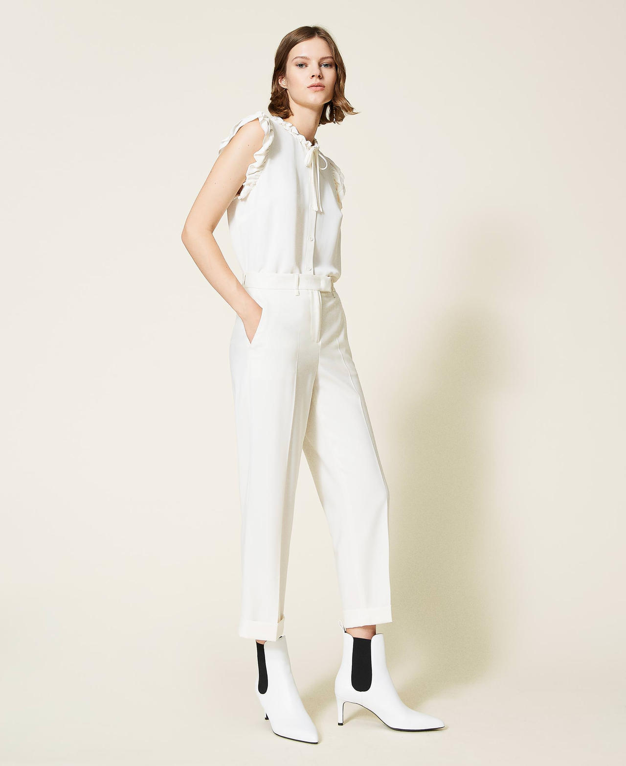 Pantalon cropped en laine Blanc Neige Femme 212TP2492-02