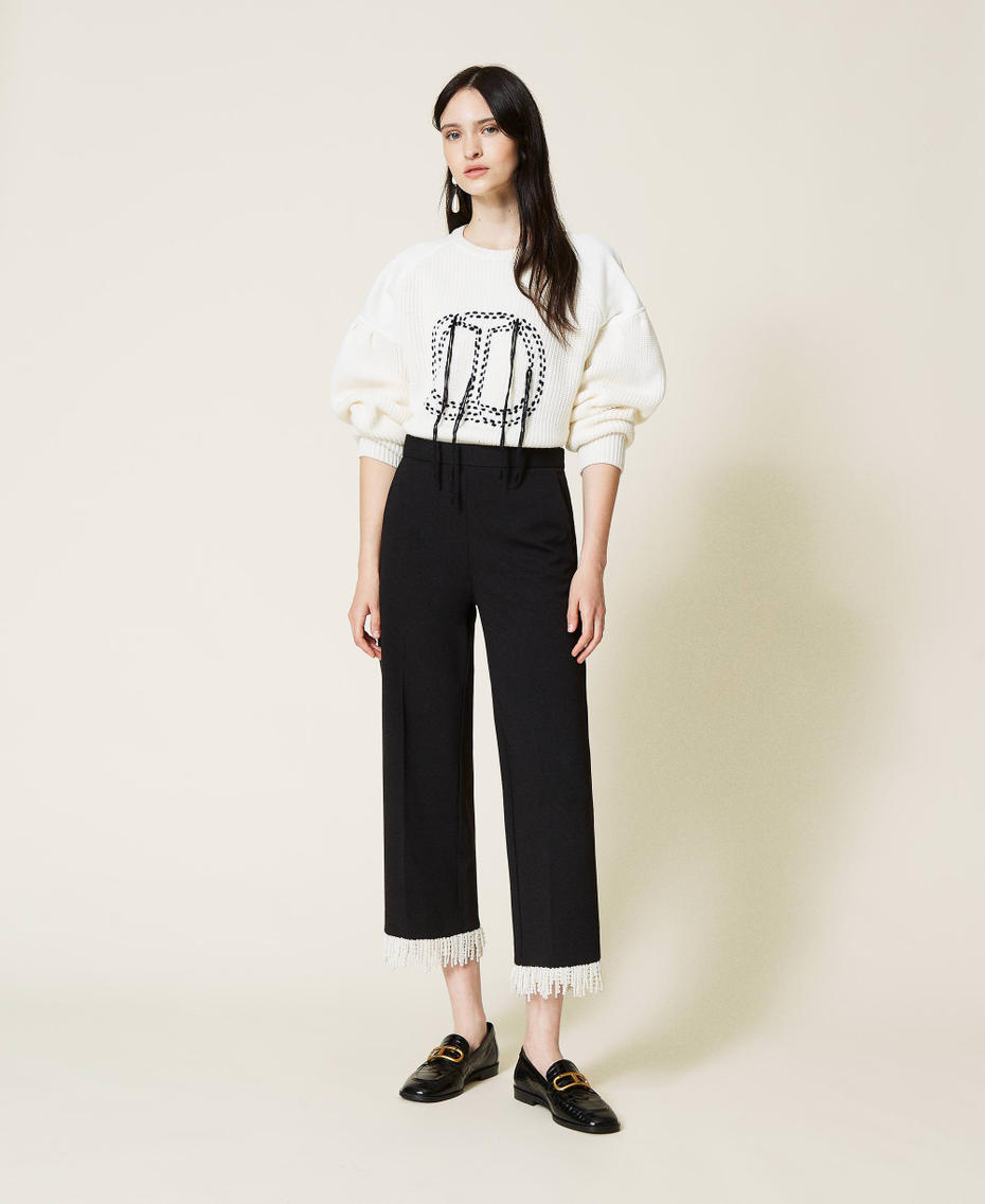 Cropped trousers with fringes Black Woman 212TP2530-01