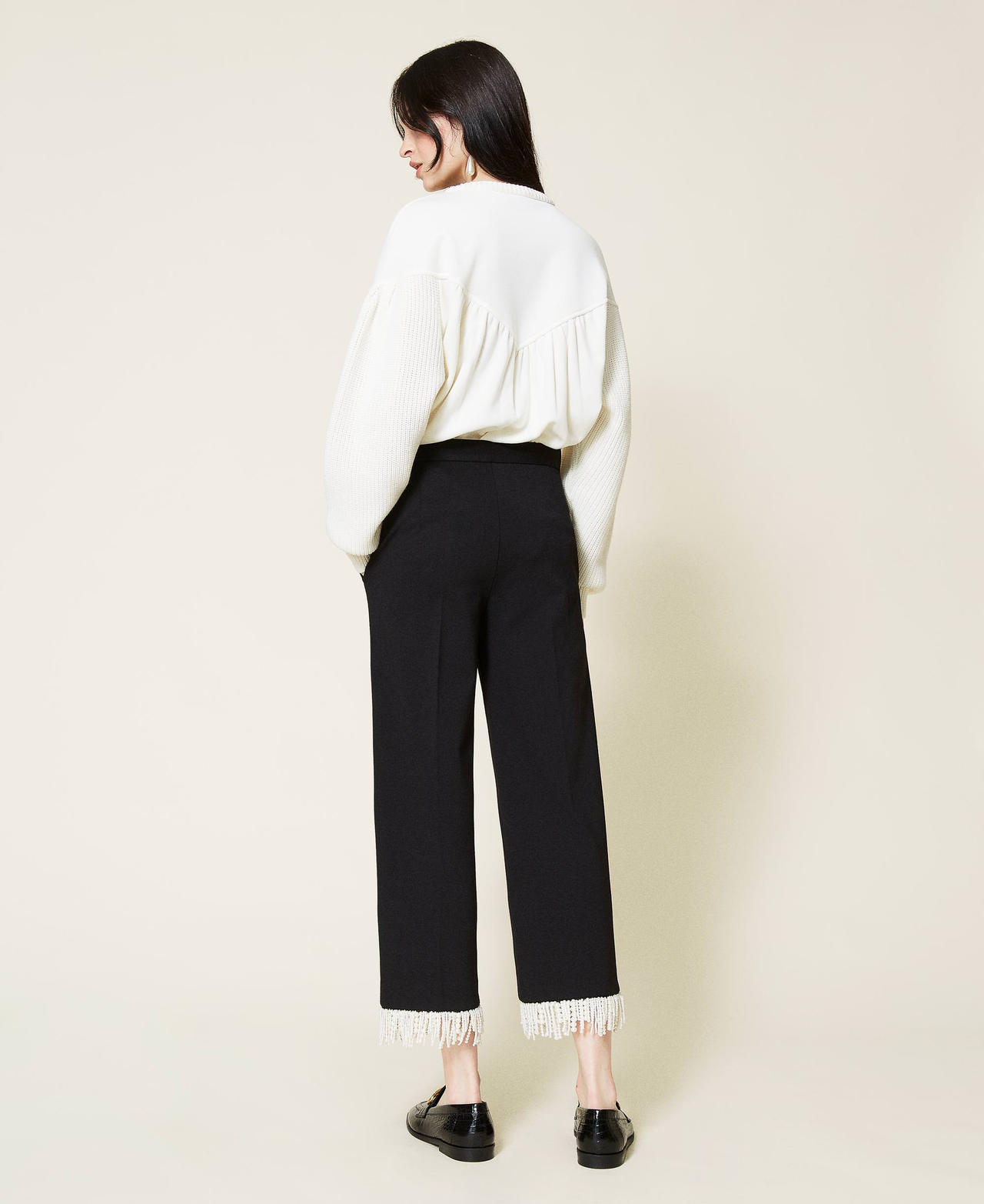 Cropped trousers with fringes Black Woman 212TP2530-03