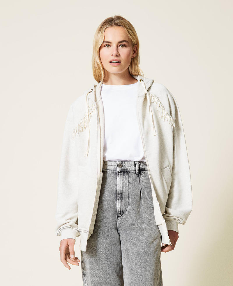 Felpa con cappuccio e frange di perle Grigio M&eacute;lange Chiaro Donna 212TP2540-02