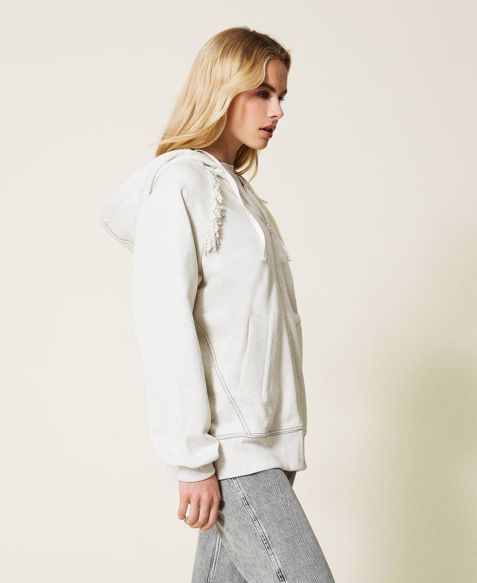 Felpa con cappuccio e frange di perle Grigio M&eacute;lange Chiaro Donna 212TP2540-05