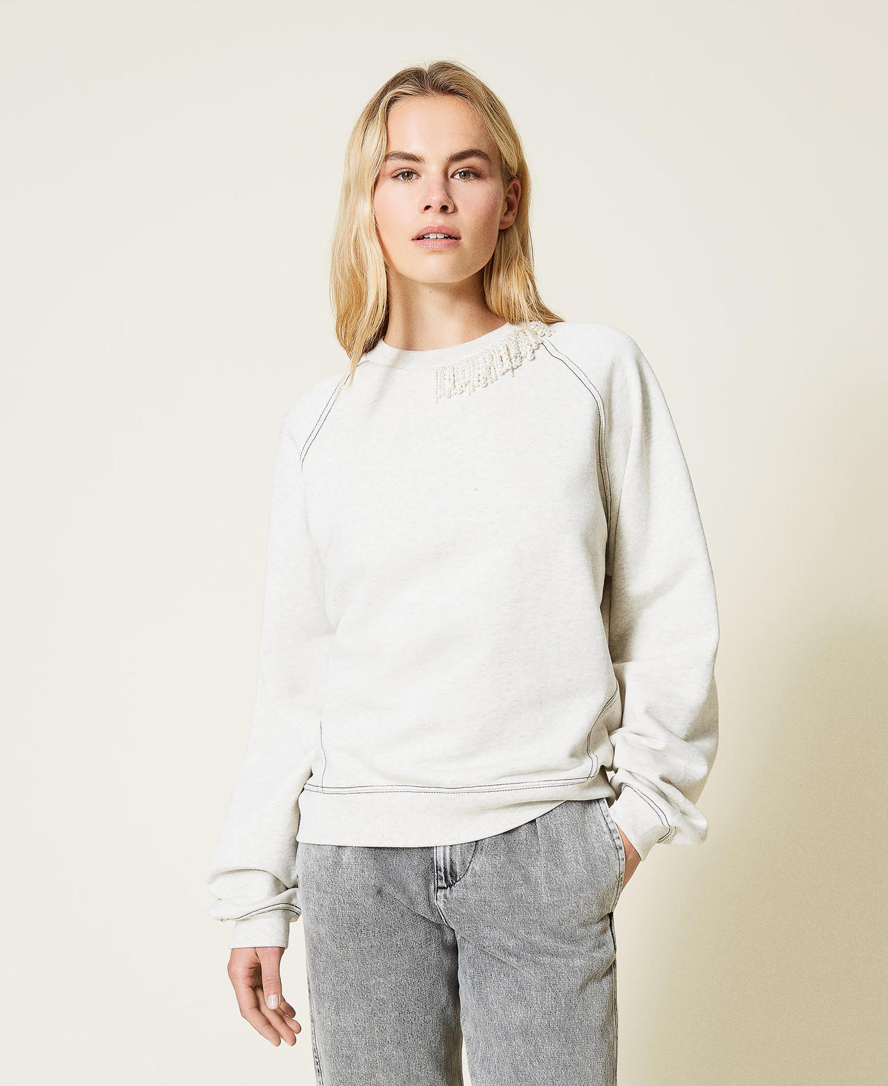 Sweatshirt with pearl fringes Light Gray Mélange Woman 212TP2541-02