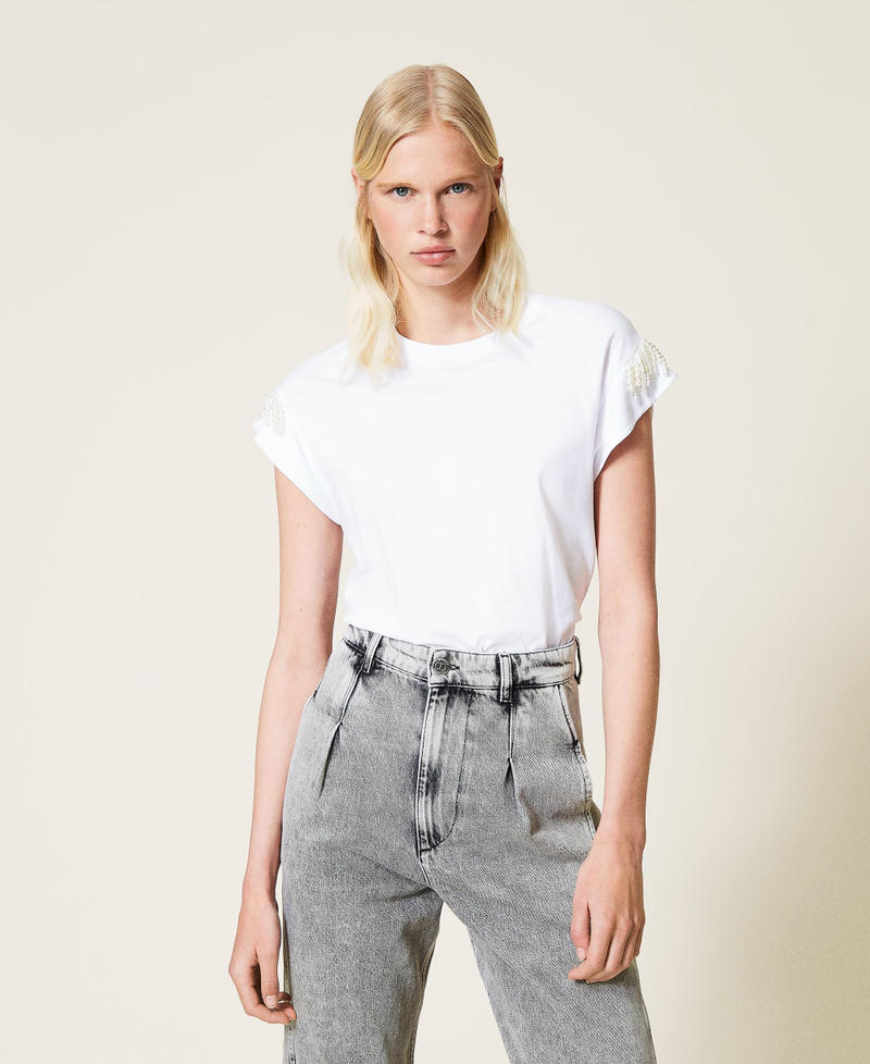 T-Shirt mit Perlenfransen Wei&szlig; Frau 212TP254B-01