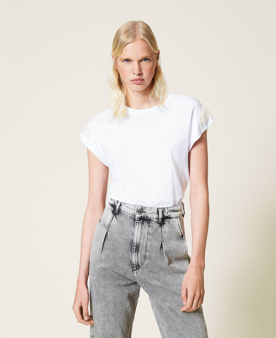 T-Shirt mit Perlenfransen Wei&szlig; Frau 212TP254B-01