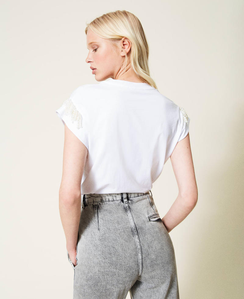 T-Shirt mit Perlenfransen Wei&szlig; Frau 212TP254B-02
