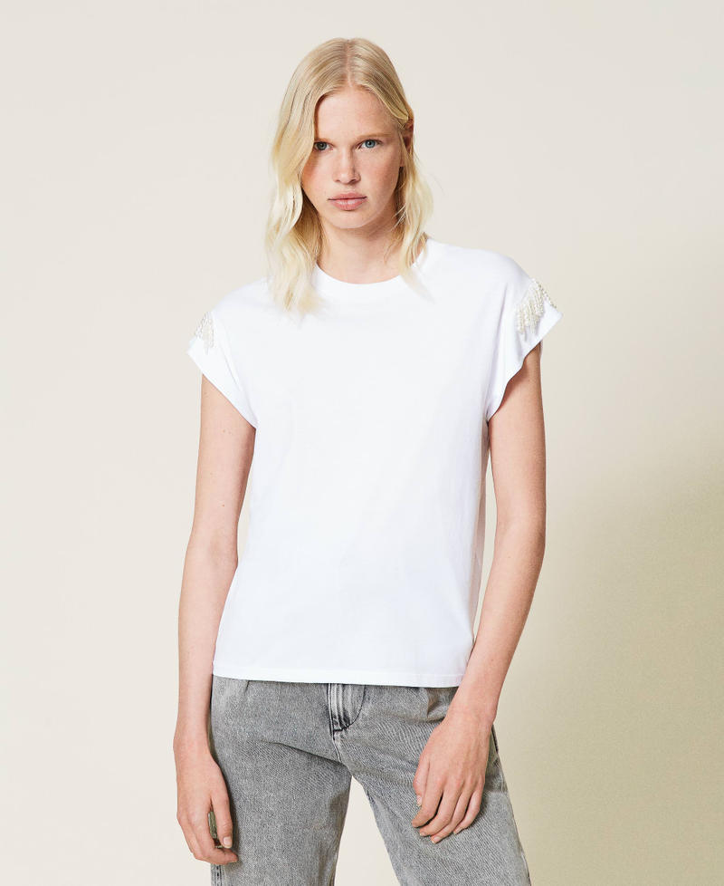 T-Shirt mit Perlenfransen Weiß Frau 212TP254B-04