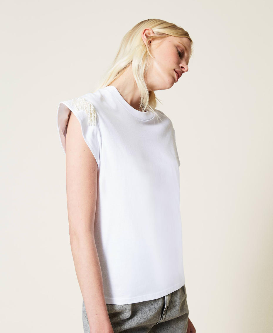 T-Shirt mit Perlenfransen Wei&szlig; Frau 212TP254B-05