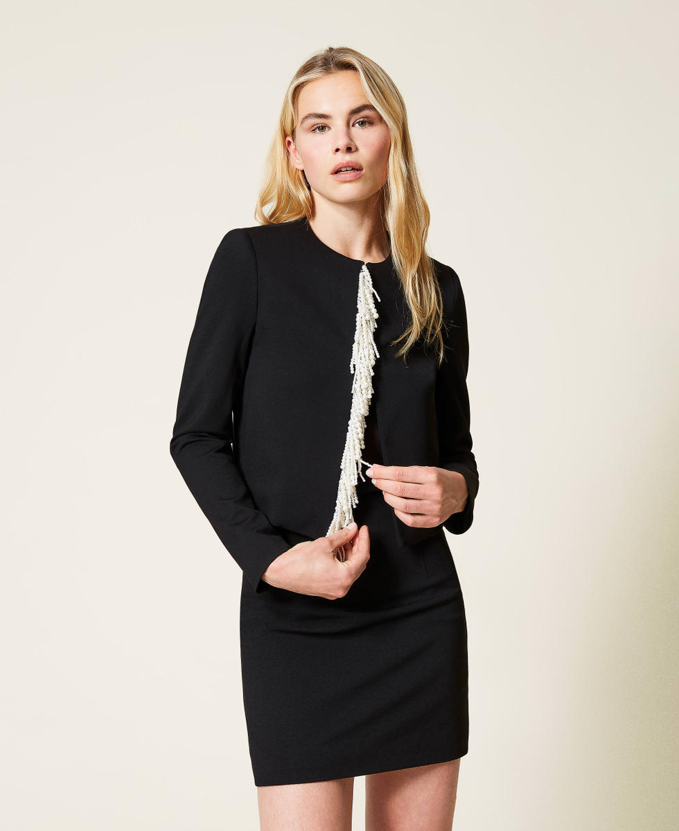 Mandarin collar jacket with pearl fringes Woman Black TWINSET