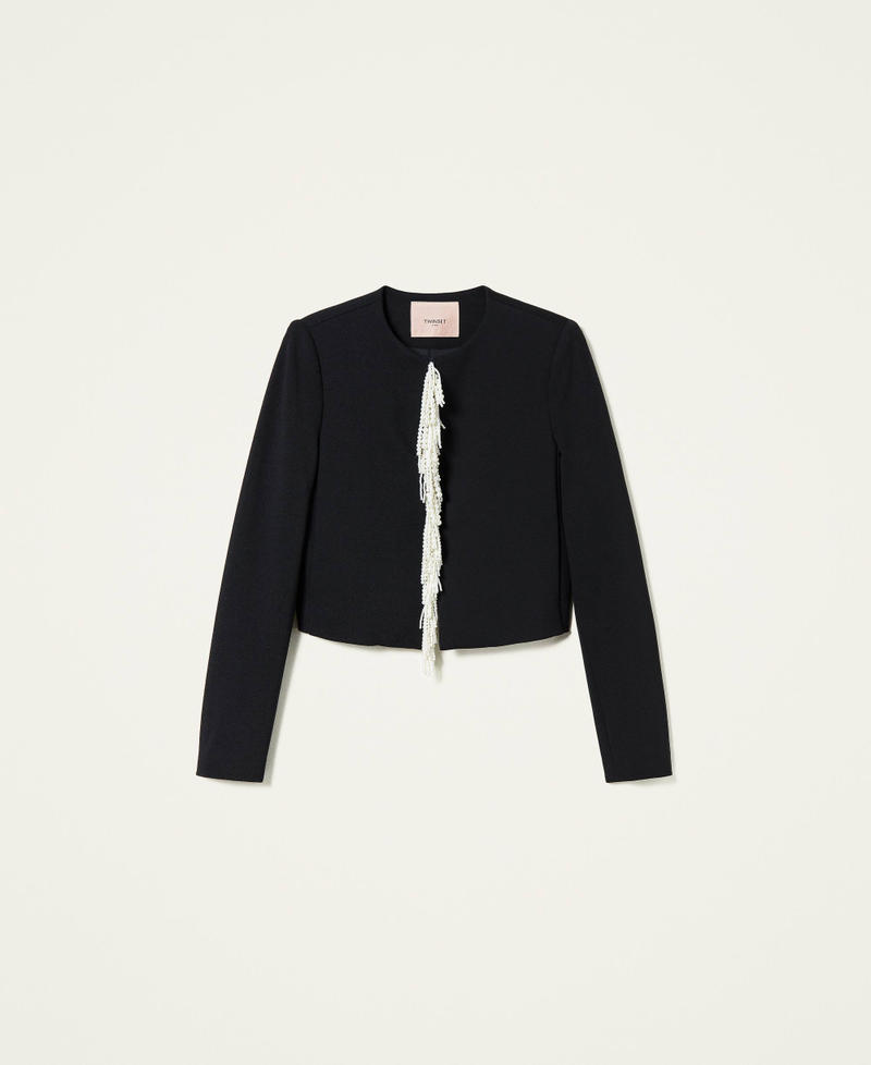 Mandarin collar jacket with pearl fringes Black Woman 212TP2560-0S
