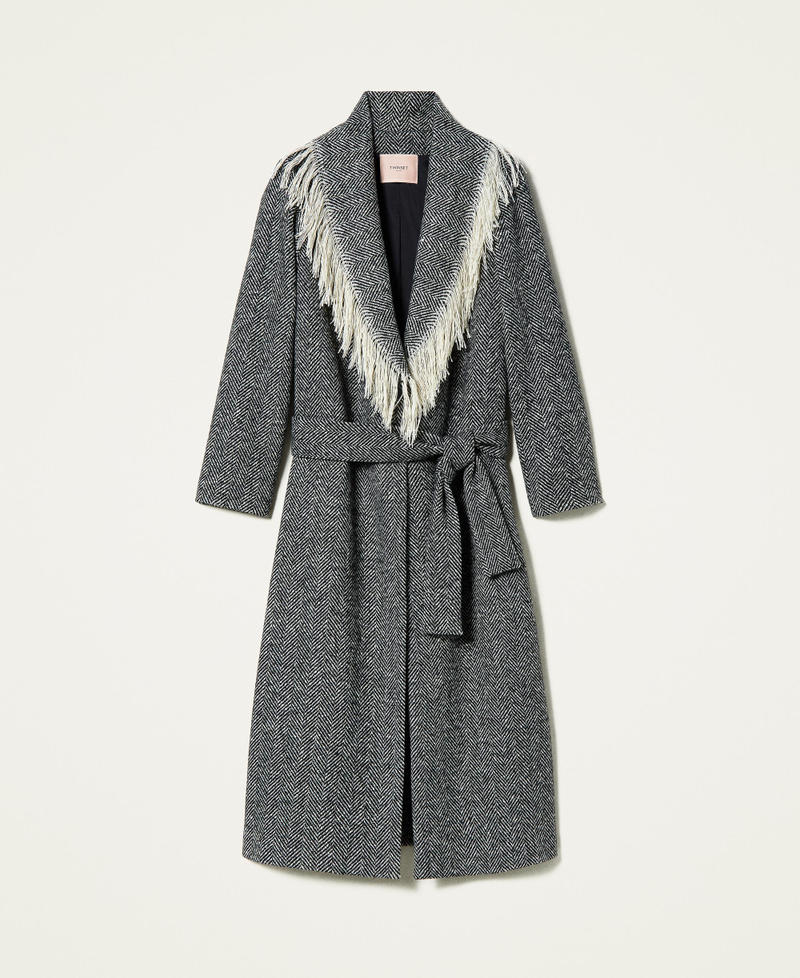 Chevron wool cloth coat with fringes Black / “Snow” White Herringbone Woman 212TP2610-0S
