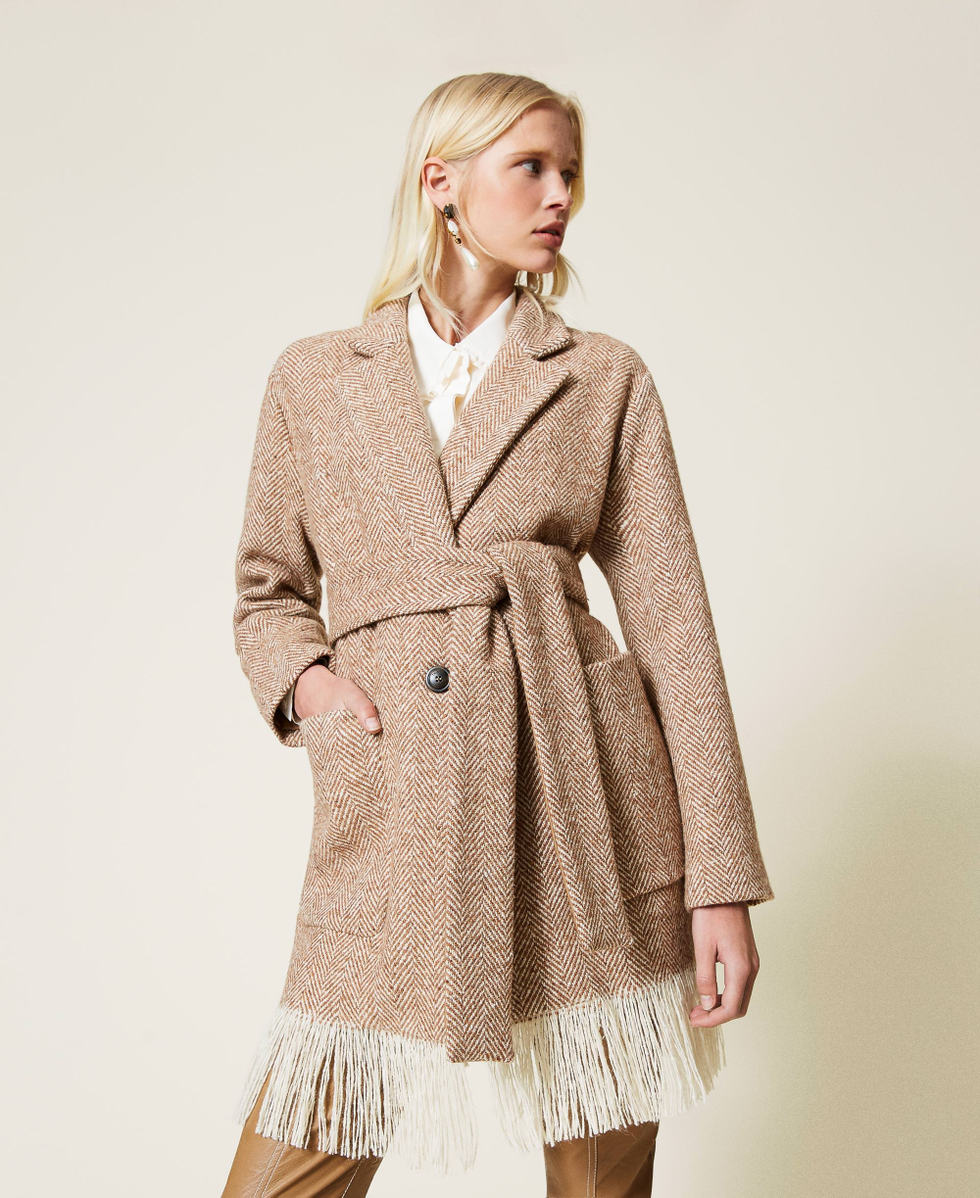 Manteau en drap a chevrons avec franges dans le bas Femme Marron TWINSET Milano