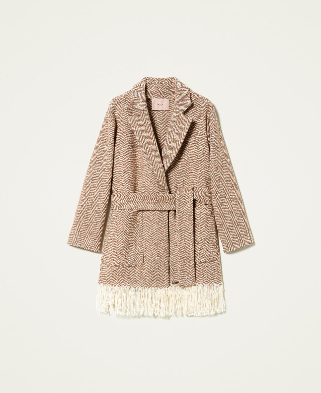 Chevron wool cloth coat with fringes at the hem "Rum” Brown / “Snow” White Herringbone Woman 212TP2611-0S