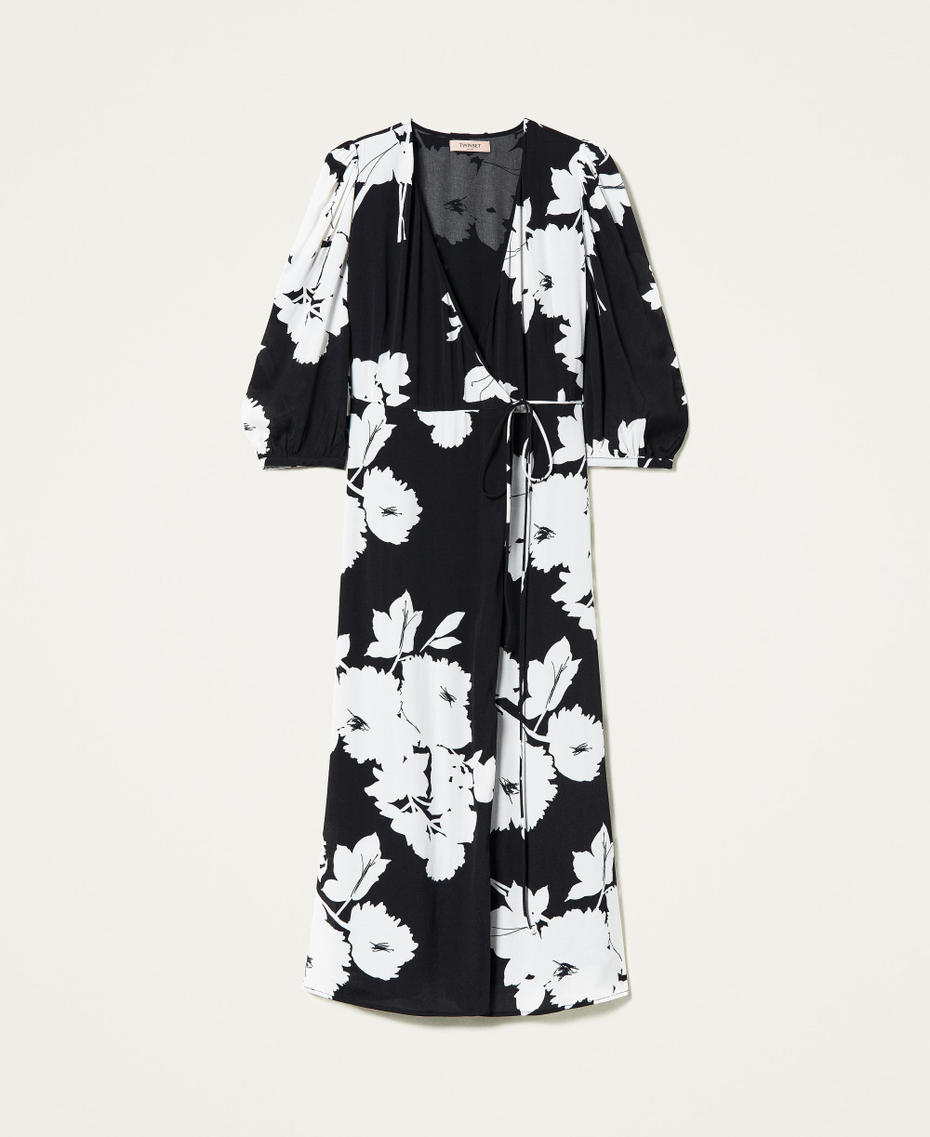 Long crêpe dress with floral print “Snow” White / Black Floral Print Woman 212TP2635-0S