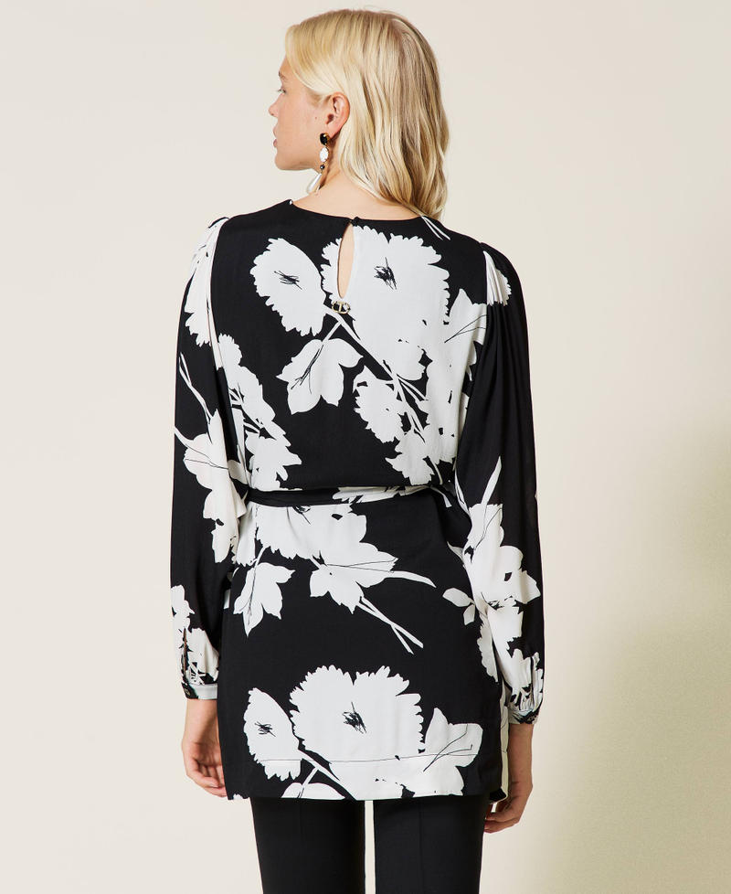 Crêpe tunic dress with floral print “Snow” White / Black Floral Print Woman 212TP2637-03