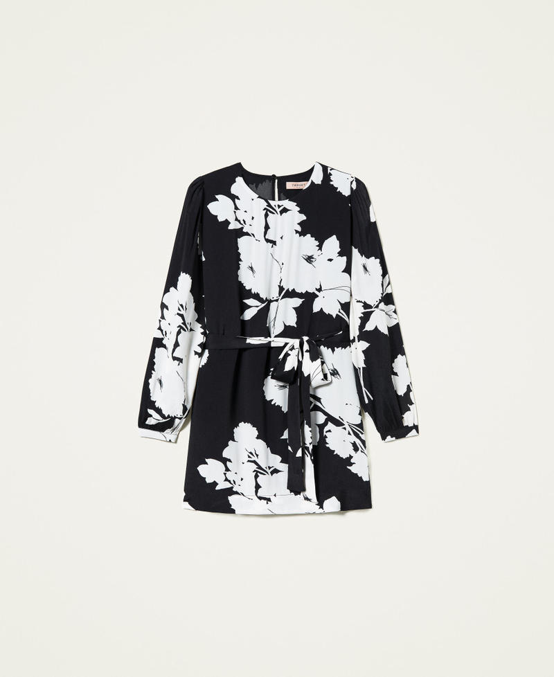 Cr&ecirc;pe tunic dress with floral print &ldquo;Snow&rdquo; White / Black Floral Print Woman 212TP2637-0S
