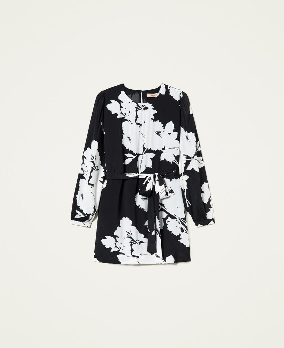 Cr&ecirc;pe tunic dress with floral print &ldquo;Snow&rdquo; White / Black Floral Print Woman 212TP2637-0S