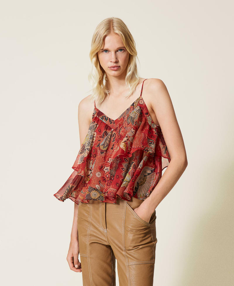 Top cropped in creponne a fiori Stampa Indiam Flower Lampone Scuro Donna 212TP2643-01