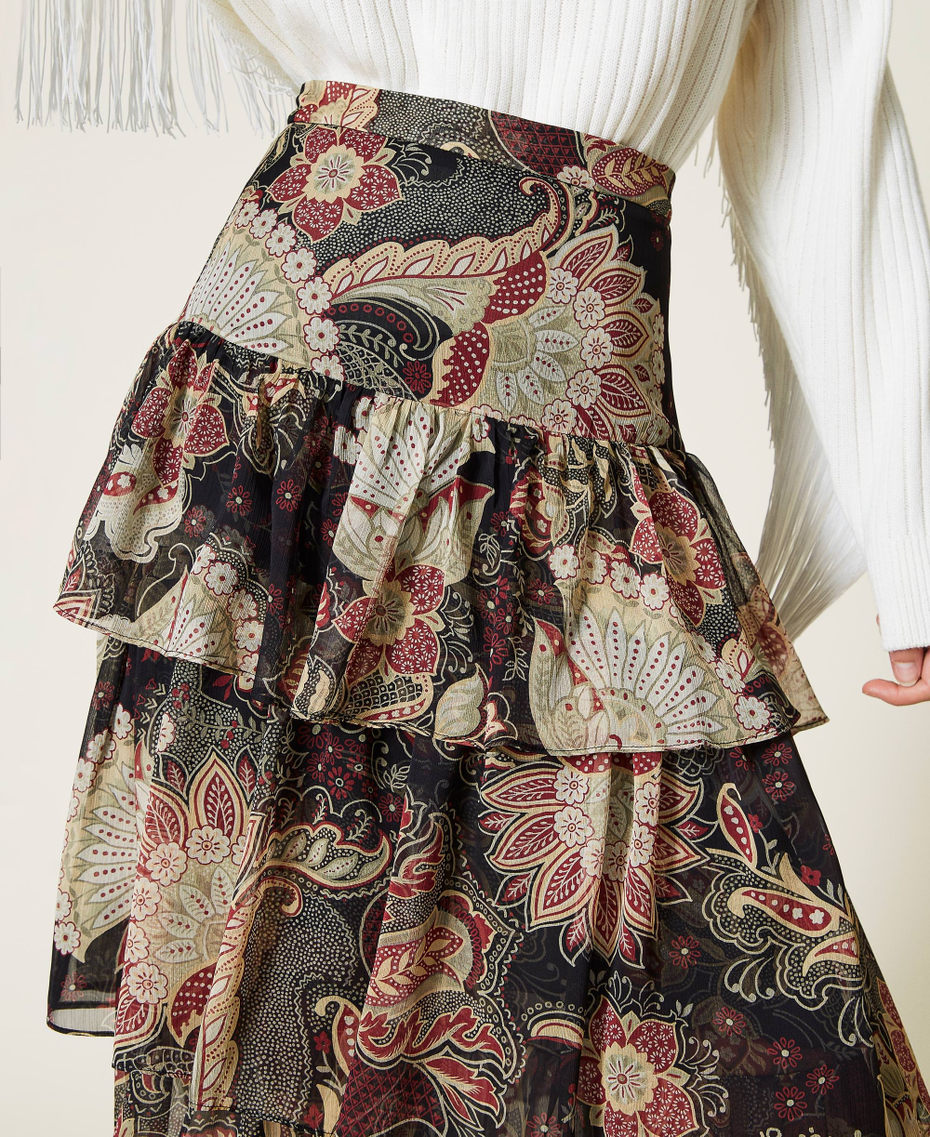 Длинная юбка из креп-шифона с цветочным принтом Принт Индийский Цветок Черный женщина 212TP2644-04