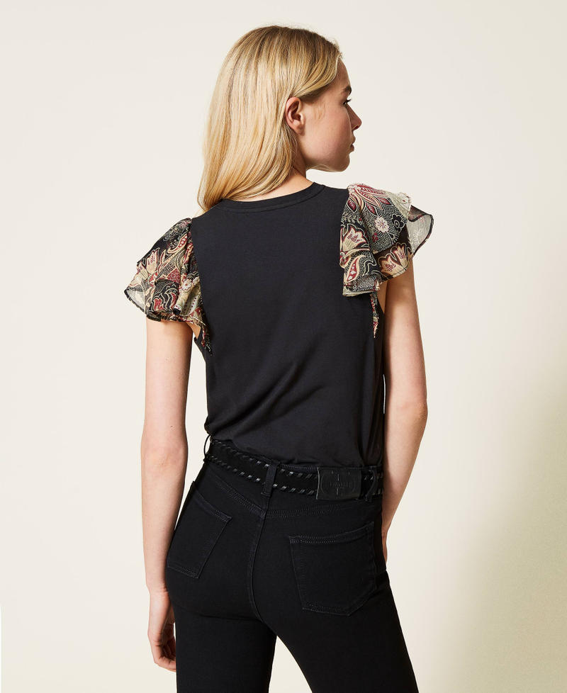 T-shirt with floral creponne sleeves Two-tone Black Indian Flower Print / Black Woman 212TP2660-04