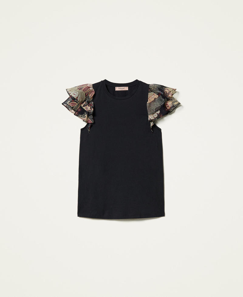 T-shirt avec manches en crépon floral Bicolore Imprimé Indian Flower Noir / Noir Femme 212TP2660-0S
