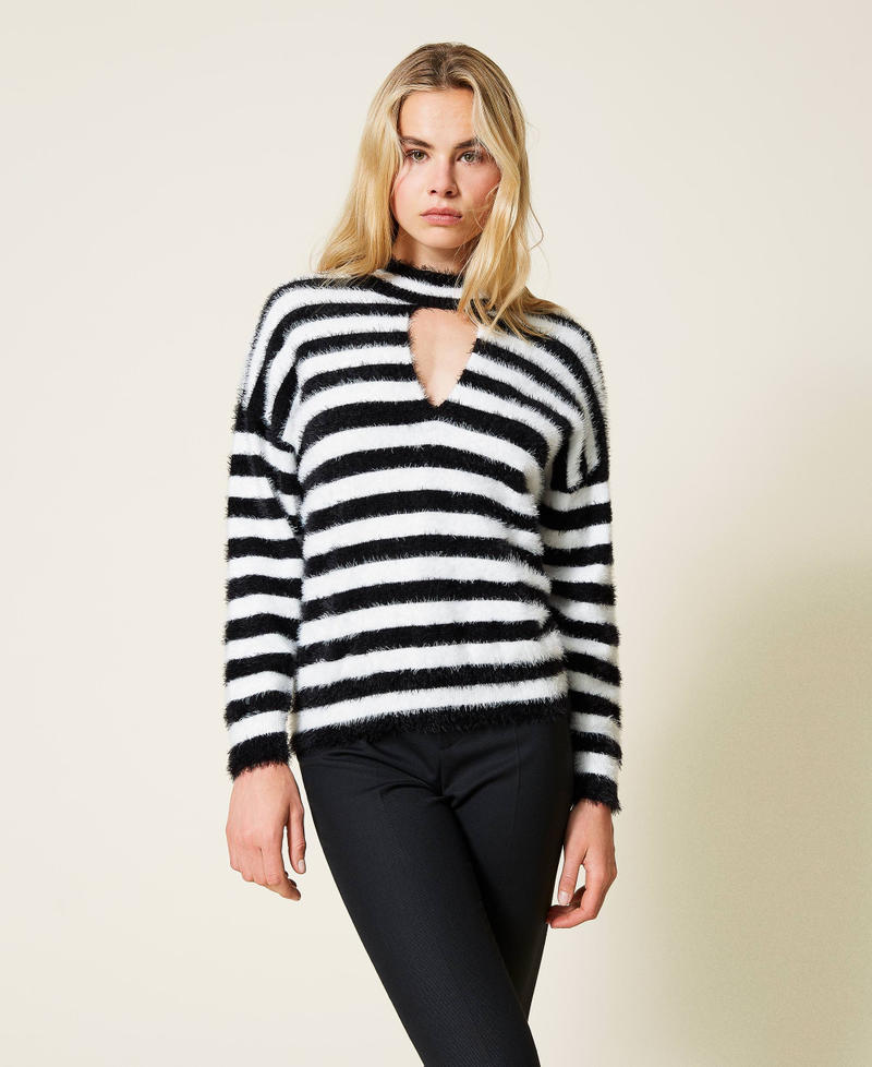Striped jumper with cut-out "Snow" White / Black Stripe Woman 212TP3011-02