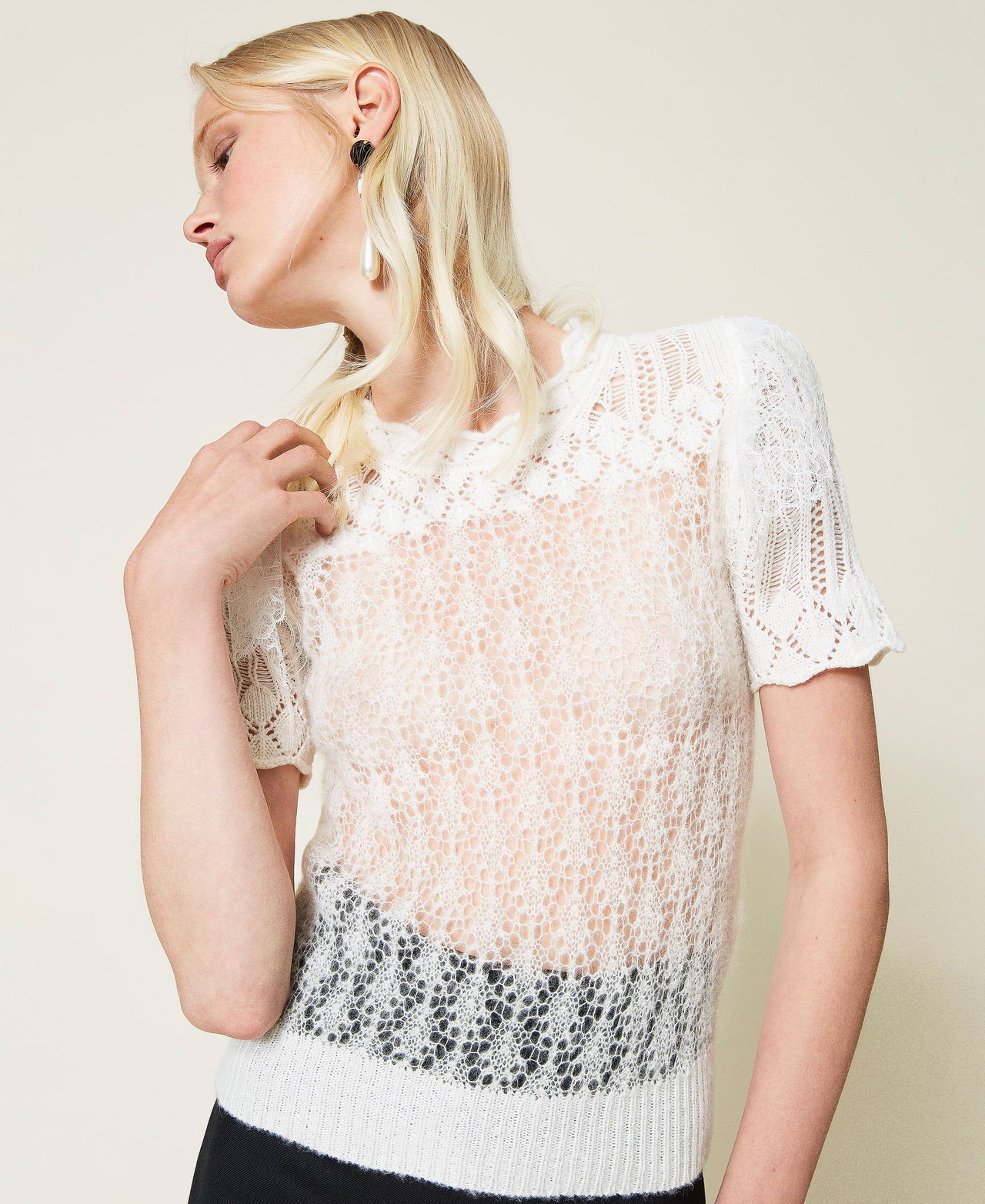 Wool blend openwork jumper with lace White Snow Woman 212TP3131-02
