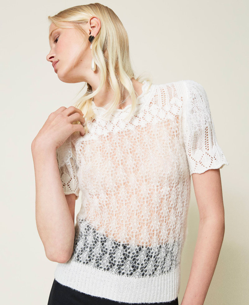Wool blend openwork jumper with lace White Snow Woman 212TP3131-02