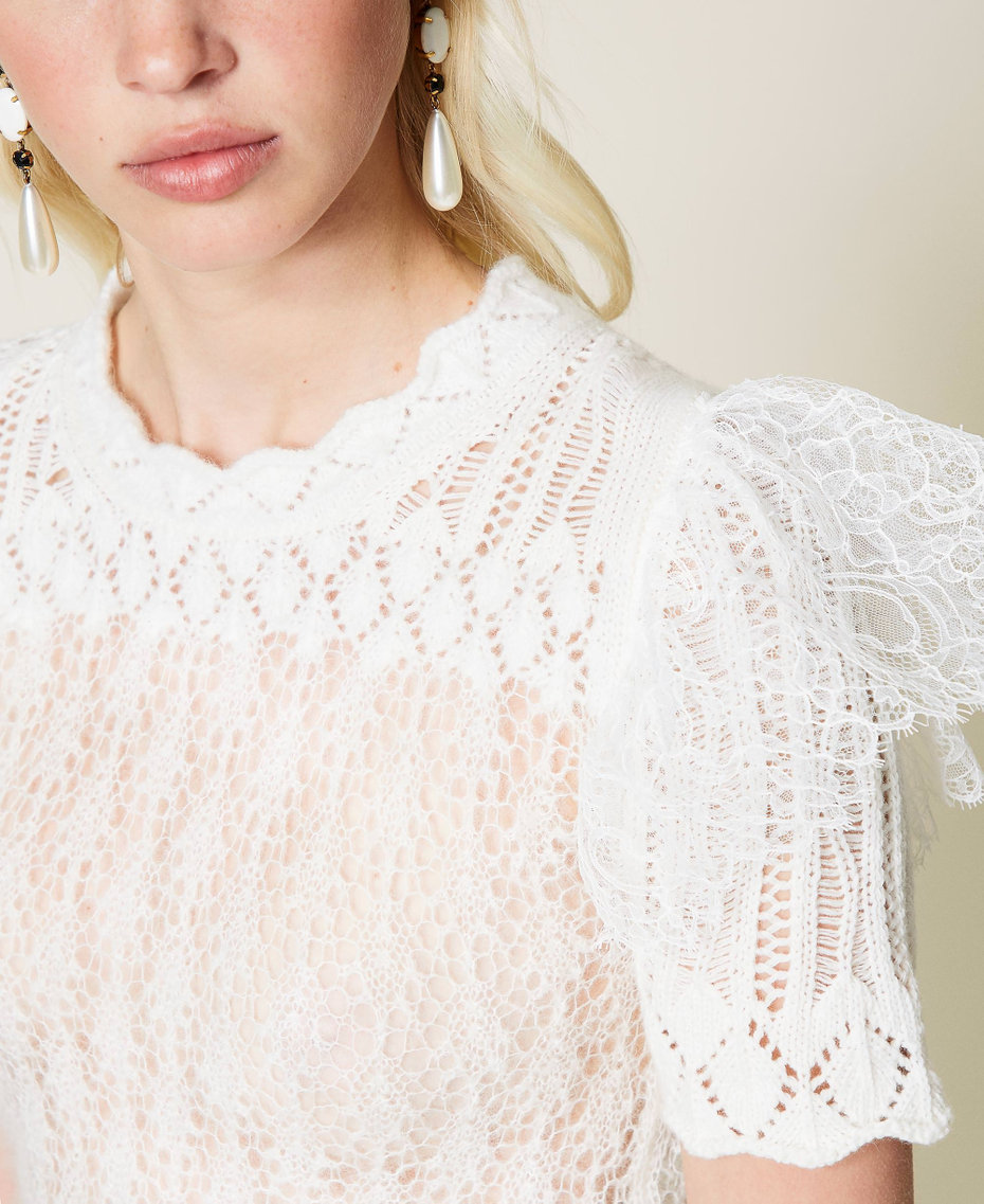 Wool blend openwork jumper with lace White Snow Woman 212TP3131-05