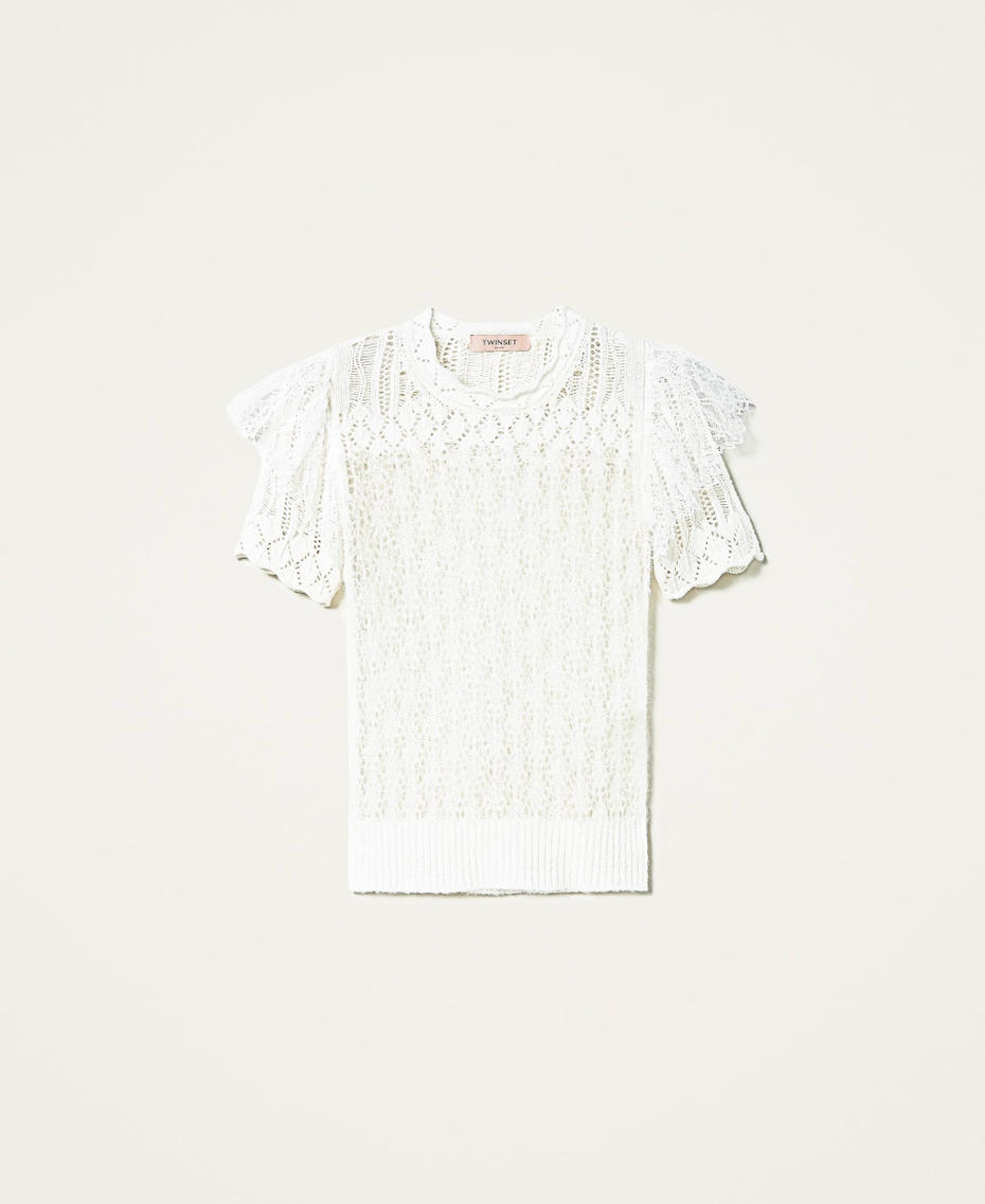 Wool blend openwork jumper with lace White Snow Woman 212TP3131-0S