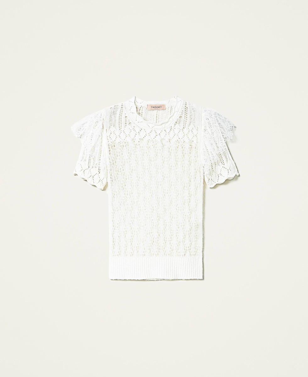 Wool blend openwork jumper with lace White Snow Woman 212TP3131-0S