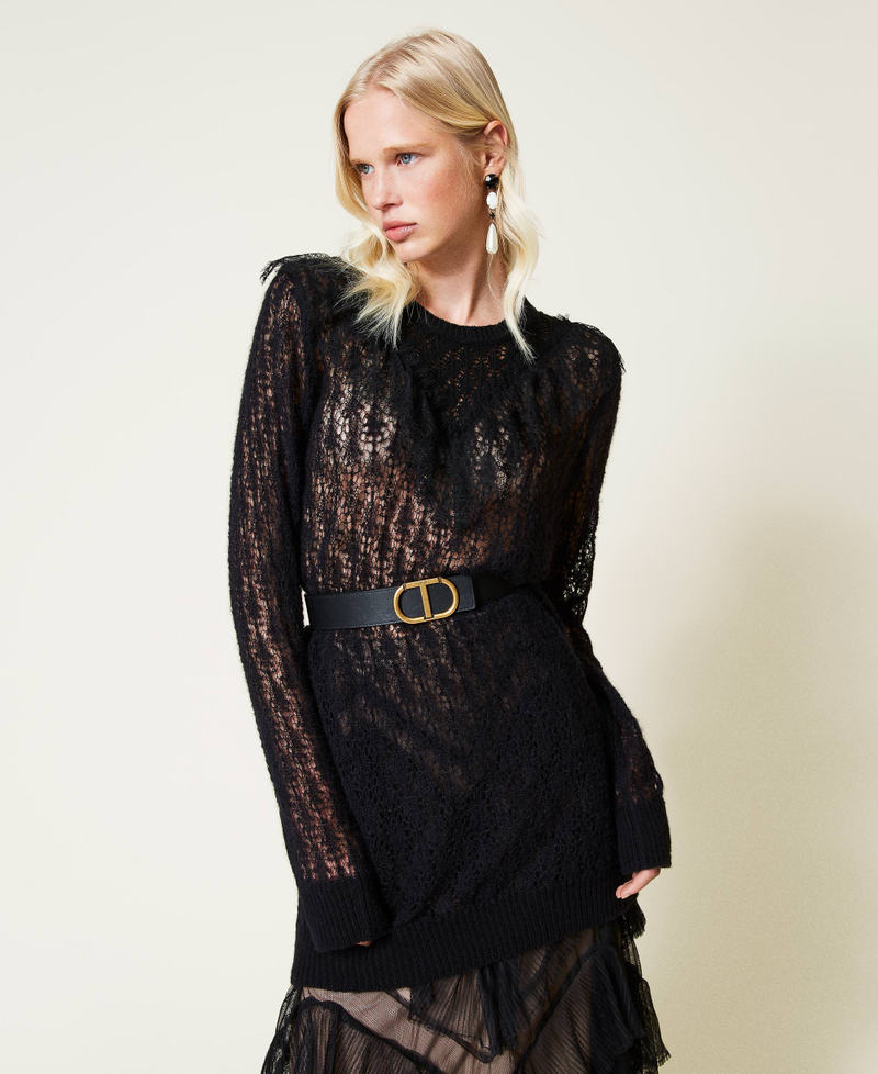 Maxi maglia in misto lana traforata con pizzo Nero Donna 212TP3132-01