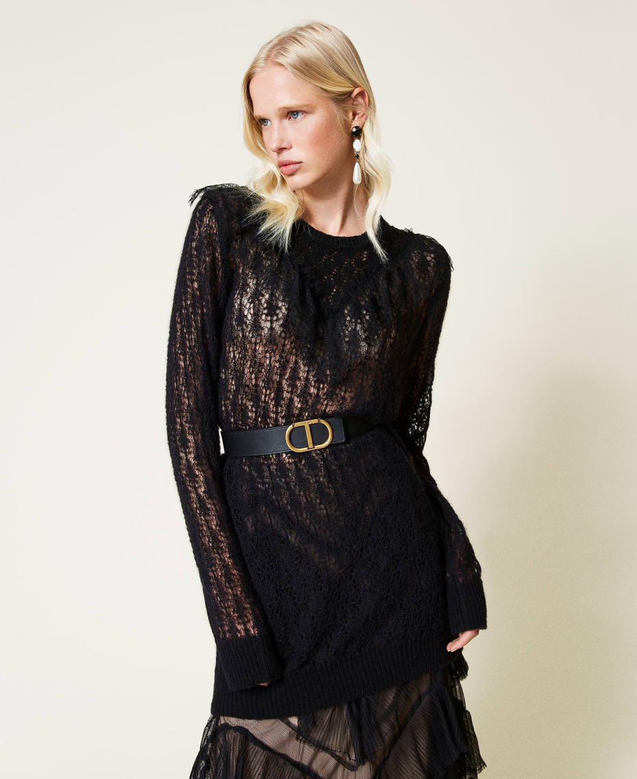 Maxi maglia in misto lana traforata con pizzo Nero Donna 212TP3132-01