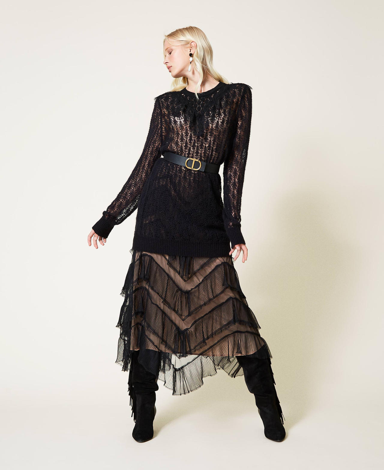 Maxi maglia in misto lana traforata con pizzo Nero Donna 212TP3132-02