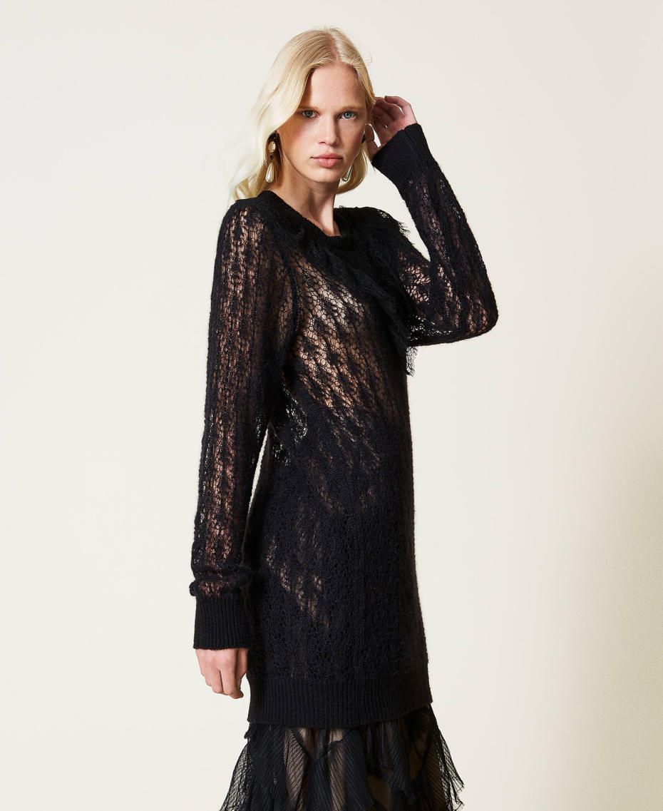 Maxi maglia in misto lana traforata con pizzo Nero Donna 212TP3132-03