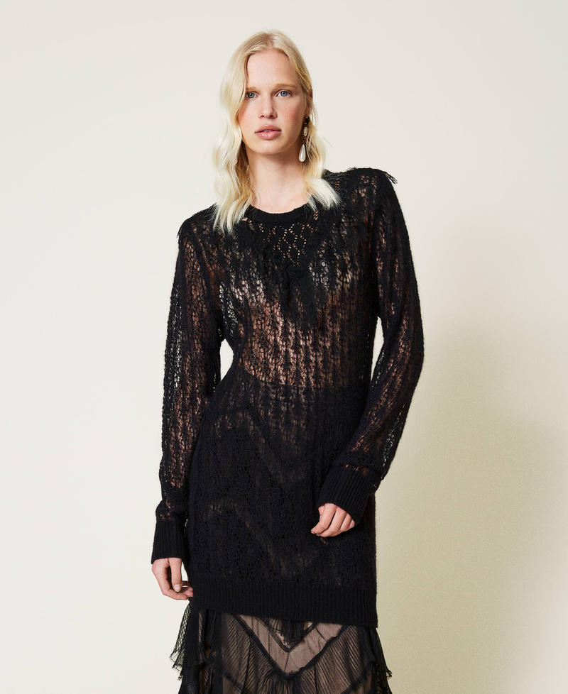Maxi maglia in misto lana traforata con pizzo Nero Donna 212TP3132-06
