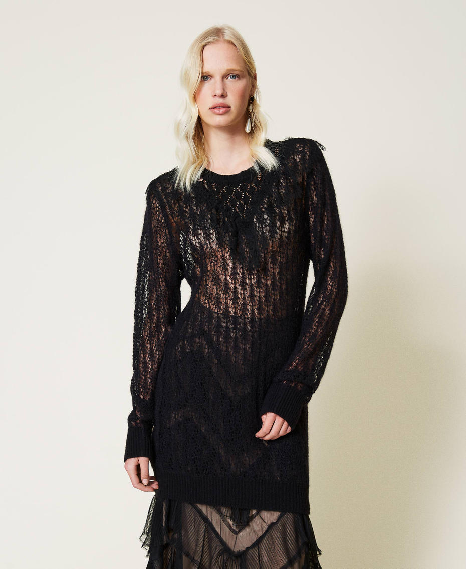 Maxi maglia in misto lana traforata con pizzo Nero Donna 212TP3132-06