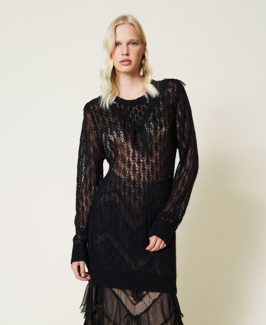 Wool blend openwork maxi jumper with lace Black Woman 212TP3132-06