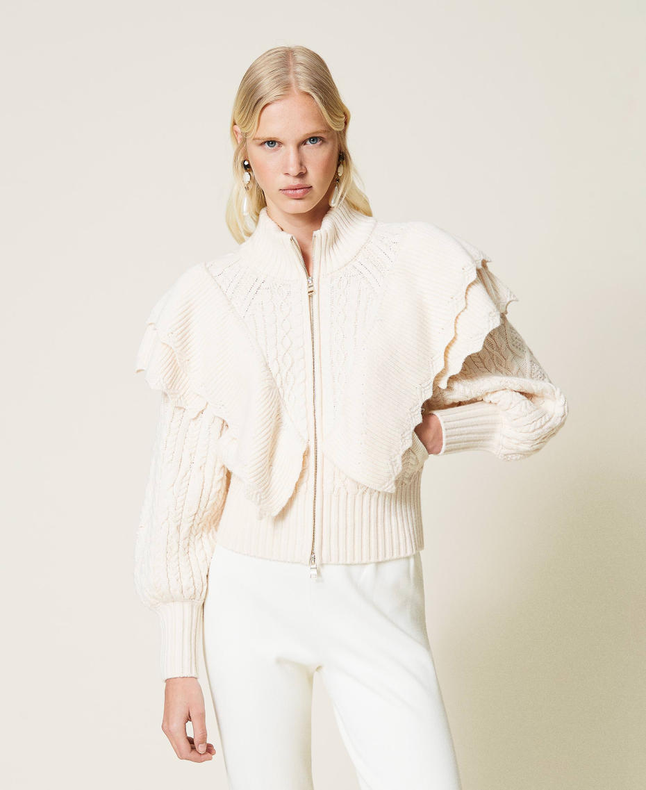 Wool blend bomber jacket with cable knit Ivory Woman 212TP3171-01