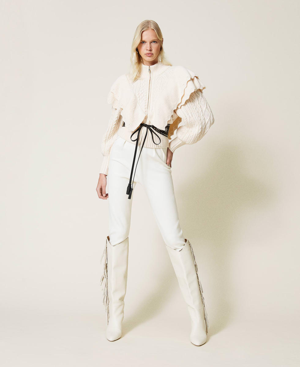 Wool blend bomber jacket with cable knit Ivory Woman 212TP3171-0T